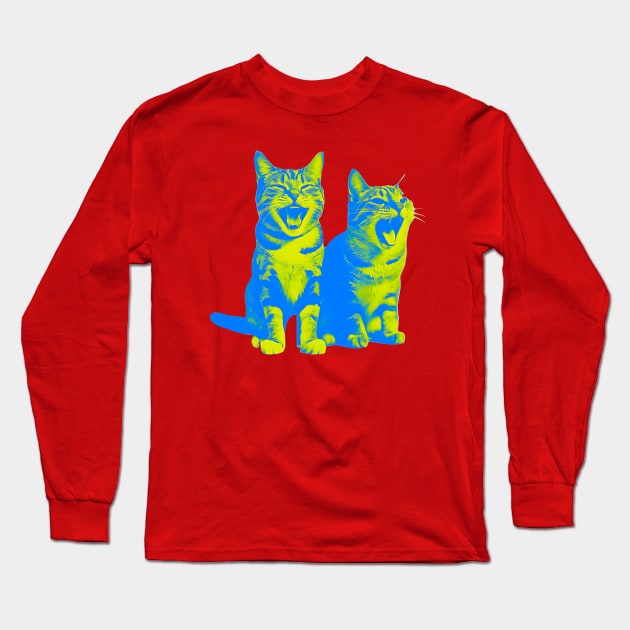 Laughing Cats - duotone blue and yellow Long Sleeve T-Shirt by Ravenglow
